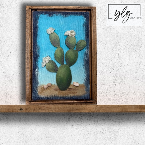 Cactus Mixed Media Wall Art Saguaro Flowers Blue Sky Desert Wood Arizona 6 x 8 - Picture 1 of 7
